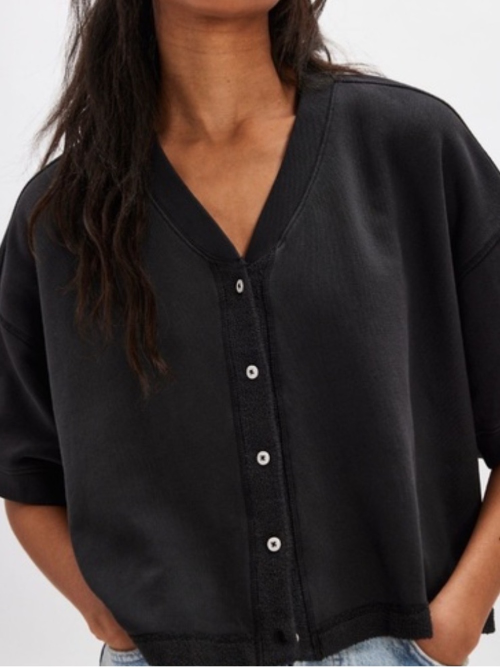 Free People Black Button-Front V-Neck Boxy Sweater Top